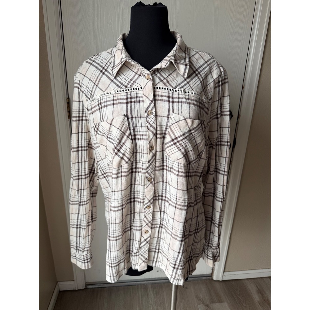 Shyanne Womens XXL Brown Cream Plaid flannel Lace Inset Button Western Shirt